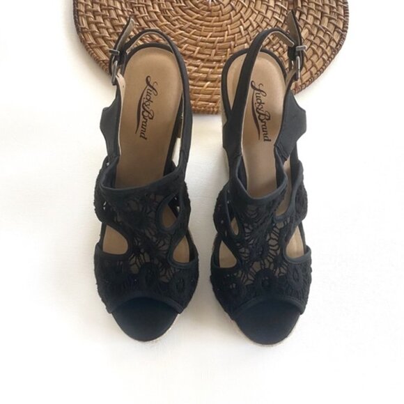 Lucky Brand Black Ranette Crochet Wedge Sandals 9 - Picture 6 of 8